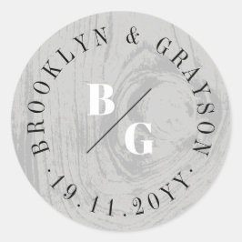 Grijze rustieke houtnerf textuur Winter bruiloft g Ronde Sticker