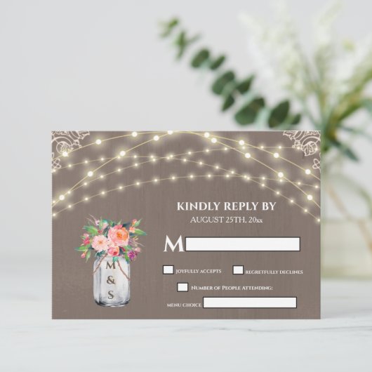 Grijze Rustische ventilator Mason Jar String Light RSVP Kaartje (Staand voorkant)