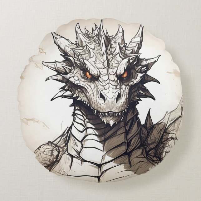 Grijze schaal Dragon Rond Kussen (Voorkant)