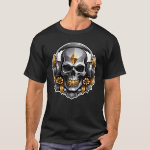 Grijze schedel Gouden Bloemen met Hoofdtelefoon T-shirt