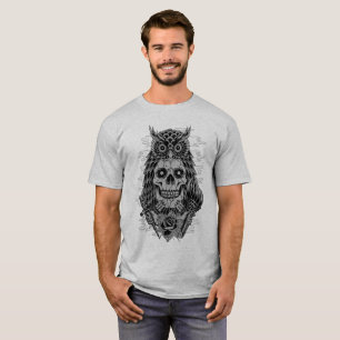 Grijze Schedel Uil Tattoo Roos T-shirt