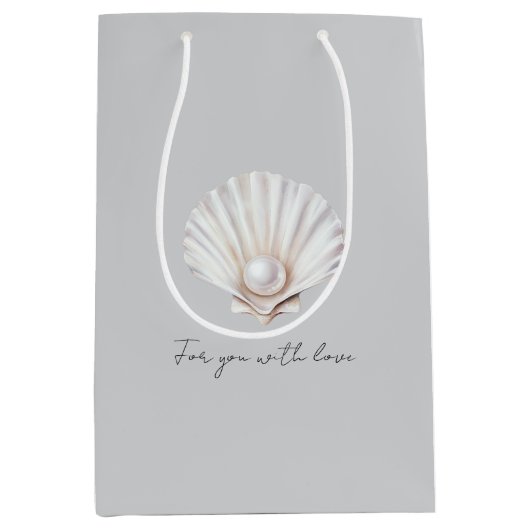 Grijze Schelp Witte Parel Bruidsdouche Medium Cadeauzakje (Voorkant)