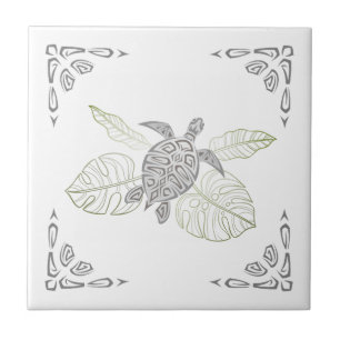 Grijze Schildpad En Tropisch Siermotief Tegeltje