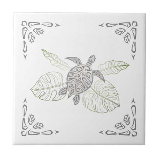 Grijze Schildpad En Tropisch Siermotief Tegeltje (Voorkant)