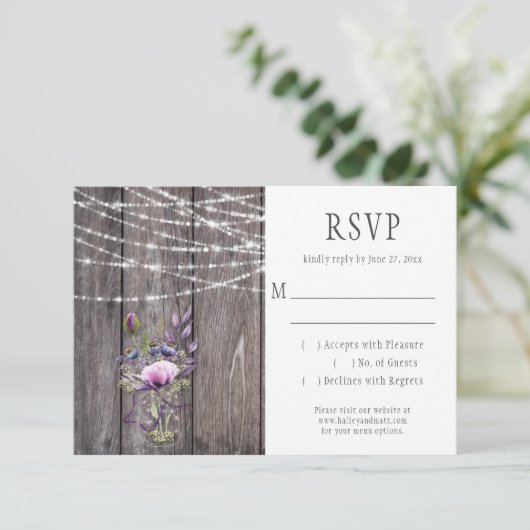 Grijze schuur Hout Violet Lavendel Bloemen Mason J RSVP Kaartje (Staand voorkant)