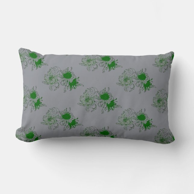 “Grijze Sereniteit – Groene Chrysanthemum Minimal  Kussen (Voorkant)