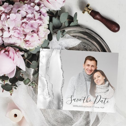 Grijze Silver Agate Custom Photo Save the Date Briefkaart