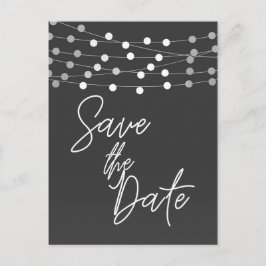 Grijze slingerlichtjes Modern script save the date Aankondigingskaart