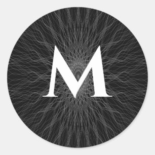 Grijze snaar golven zwart monogram ronde sticker