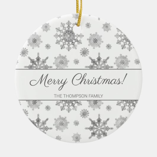 Grijze sneeuwvlokken en kerstmis met aangepaste na keramisch ornament (Voorkant)