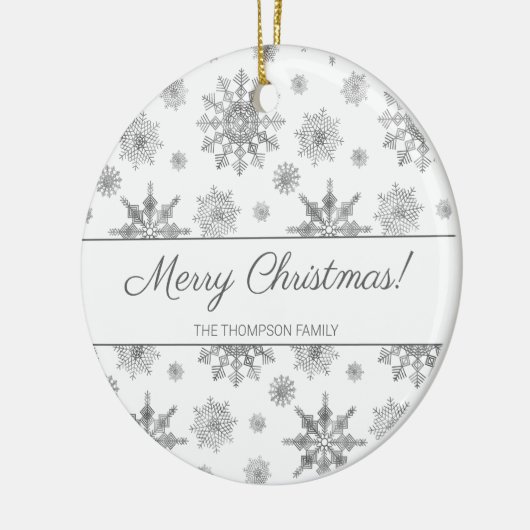 Grijze sneeuwvlokken en kerstmis met aangepaste na keramisch ornament (Links)