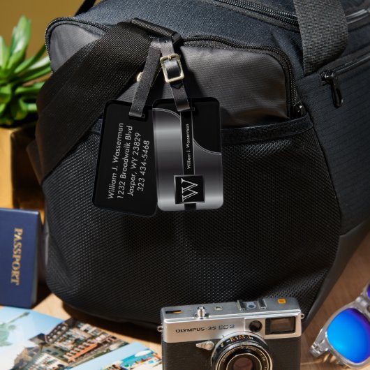 Grijze staal Masculine monogram Executive Style Bagagelabel (Voorkant /achterkant)