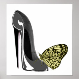 Grijze Stiletto High Hiel Schop en Gele Boterfly Poster