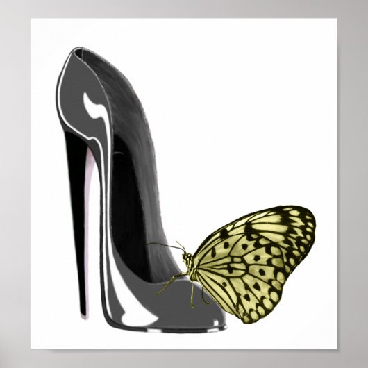 Grijze Stiletto High Hiel Schop en Gele Boterfly Poster (Voorkant)