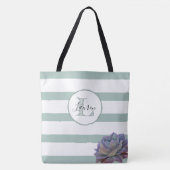 Grijze Streep en Succulent Monogrammed Gepersonali Tote Bag (Voorkant)