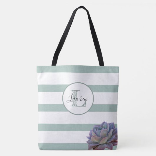 Grijze Streep en Succulent Monogrammed Gepersonali Tote Bag (Voorkant)