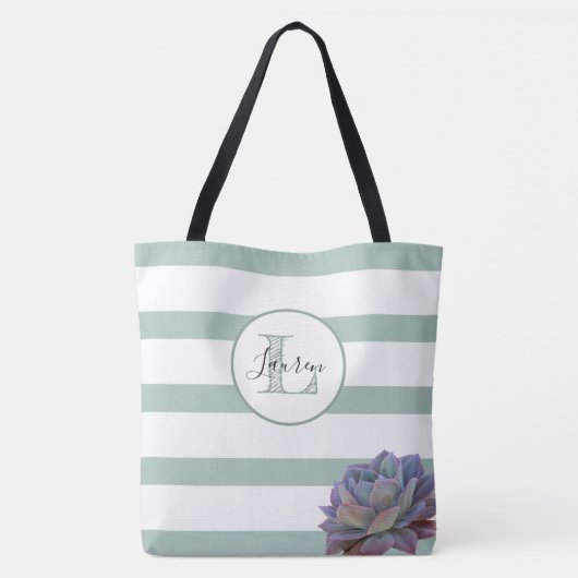 Grijze Streep en Succulent Monogrammed Gepersonali Tote Bag (Achterkant)