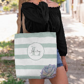 Grijze Streep en Succulent Monogrammed Gepersonali Tote Bag