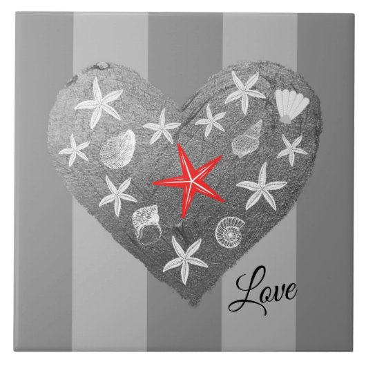 Grijze streep Kustthema Seashell Starfish Heart Tegeltje (Voorkant)