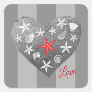 Grijze streep Kustthema Seashell Starfish Heart Vierkante Sticker