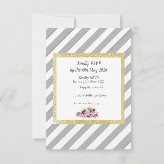 Grijze streep met gouden glitter florale rsvp-kaar RSVP kaartje (Achterkant)