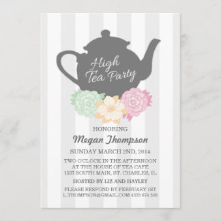 Grijze streep & theepot high tea uitnodiging