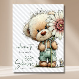 Grijze Strepen Beer Grote Madeliefjes Baby Shower Poster