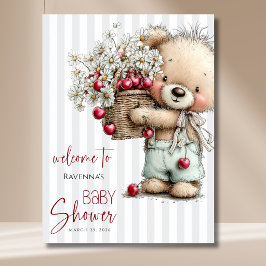 Grijze Strepen Beer Madeliefje Kers Baby Shower We Poster