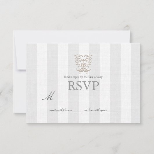 Grijze Strepen & Bruin Damast Wedding RSVP (Voorkant)