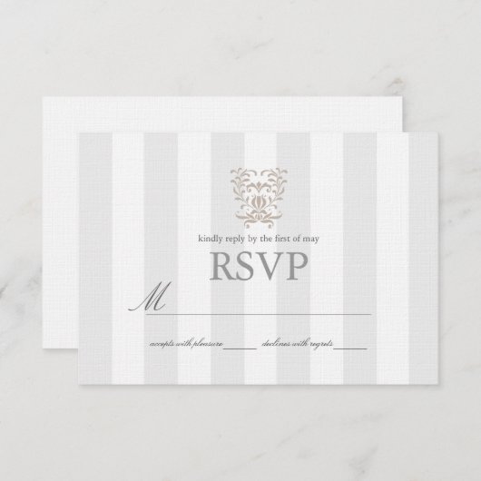 Grijze Strepen & Bruin Damast Wedding RSVP (Voorkant / Achterkant)