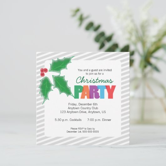 Grijze strepen, Groen Holly Kerstfeest Kaart (Staand voorkant)