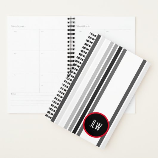 Grijze strepen Rood Cirkel Zwart wit met Initialen Planner (Display)