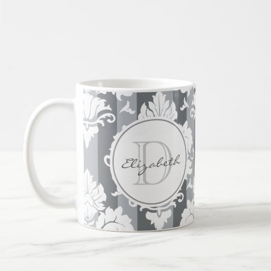Grijze Stripe Damask Monogrammed Mok (Links)