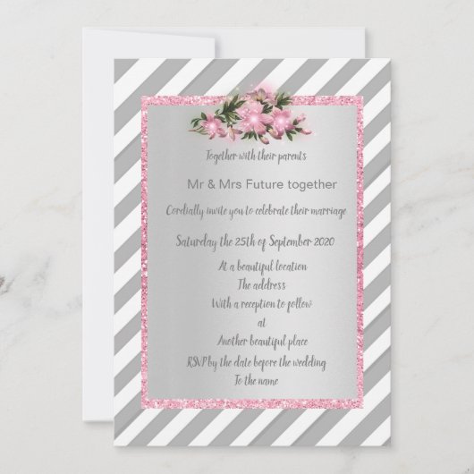 Grijze Stripe roze bloemuitnodiging nieuwe bruilof Kaart (Voorkant)