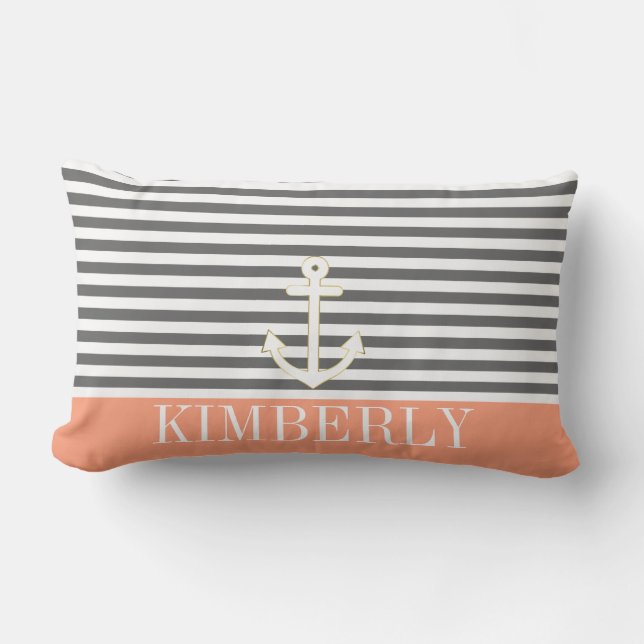 Grijze stripes Nautical Anchor Coral Monogram Kussen (Voorkant)