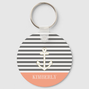 Grijze stripes Nautical Anchor Coral Monogram Sleutelhanger