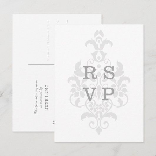 Grijze subtle Damask Wedding RSVP Briefkaart (Voorkant / Achterkant)