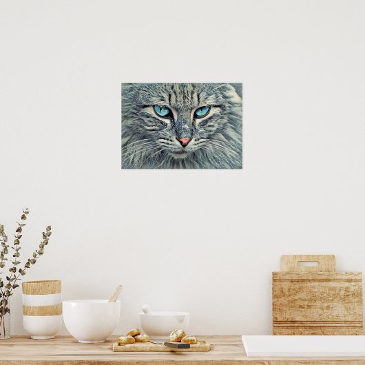 Grijze Tabby Cat-Blue-ogen Poster (Keuken)