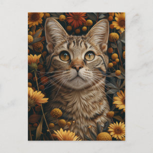 Grijze Tabby Cat in Herfst Flowers Garden Briefkaart