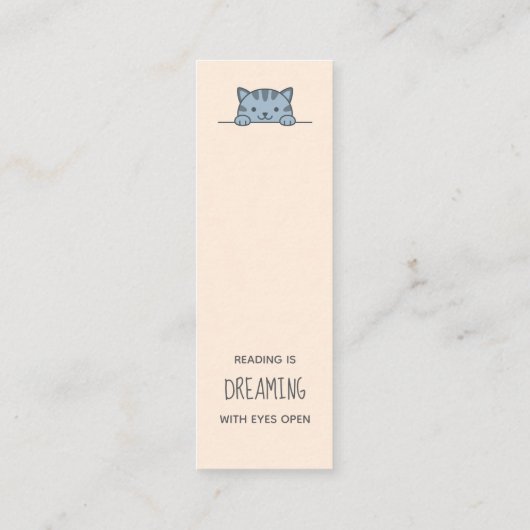 Grijze Tabby Cat Peeking boven Bladwijzer Quote Mini Visitekaartje (Achterkant)