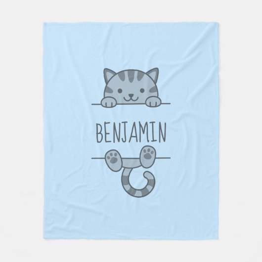 Grijze Tabby Cat Peking achter Custom Name Blue Fleece Deken (Voorkant)