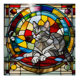 Grijze Tabby Gebrandschilderd Glas Perfect Poster