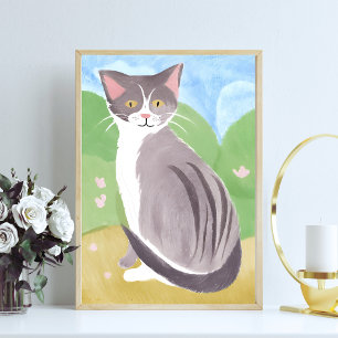 Grijze Tabby Kat   Aquarel Schilderij Poster