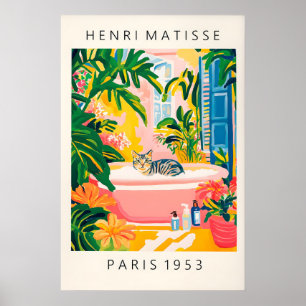 Grijze Tabby Kat Badkamer Kunstprint Matisse Stijl Poster
