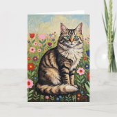 Grijze Tabby Kat en Folk Art Bloemen Verjaardag Kaart (Voorkant)