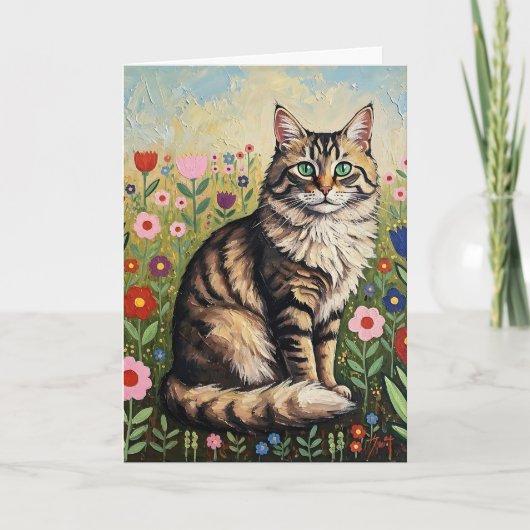 Grijze Tabby Kat en Folk Art Bloemen Verjaardag Kaart (Voorkant)