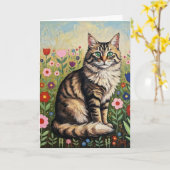 Grijze Tabby Kat en Folk Art Bloemen Verjaardag Kaart (Gele Bloem)