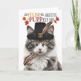 Grijze Tabby Kat Feline Dankbaar voor PURRkey Day Feestdagen Kaart