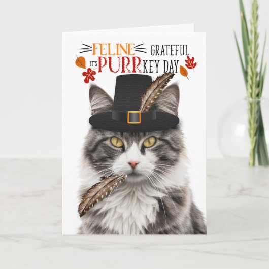 Grijze Tabby Kat Feline Dankbaar voor PURRkey Day Feestdagen Kaart (Voorkant)