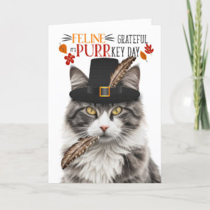 Grijze Tabby Kat Feline Dankbaar voor PURRkey Day Feestdagen Kaart